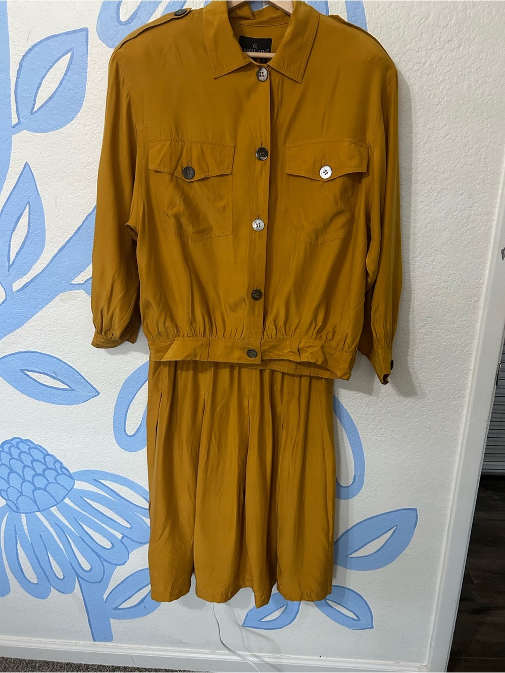 Vintage Carole Little 100% Silk 2-Piece Skirt Set Mustard Yellow
